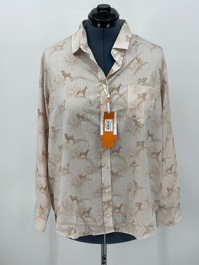 CON.STRUCT Women's SIZE XL  Cream Striped Button-Down Shirt with Tan DOG  Print